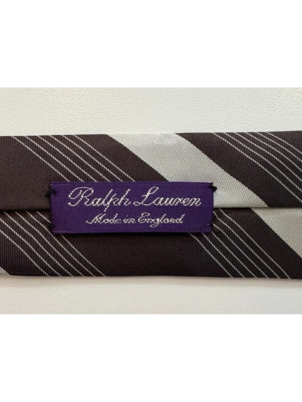 Ralph Lauren Purple Label Silk Necktie Brown Silver Striped England Hand Made